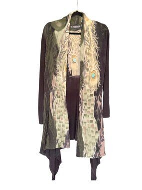 Pyramid Collection Women's Long Cardigan Sweater L Black Peacock Draped Boho